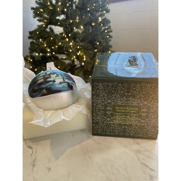 Christmas Ornament Thomas Kinkade Moonlit Sleigh Ride Large Glass 2004 with Box - Picture 10 of 13